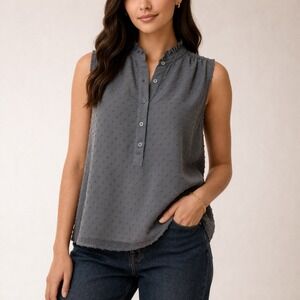 J Crew Swiss Dot Sleeveless Blouse Gray Ruffle Neck Popover Size 4 Lined